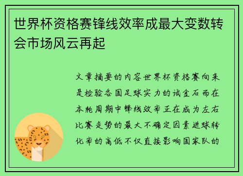 世界杯资格赛锋线效率成最大变数转会市场风云再起